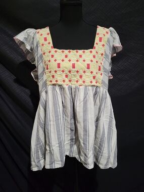Striped Square-Yoke Tunic with Yellow Embroidery